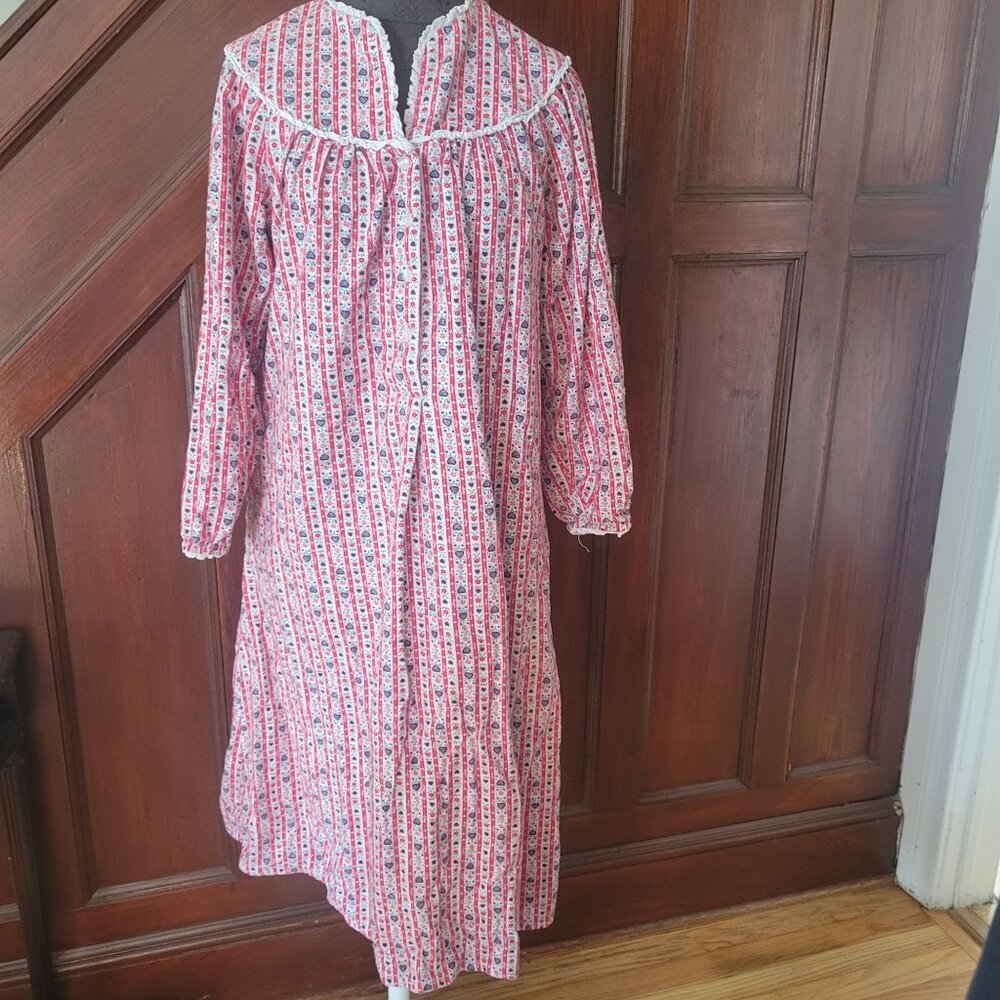 Lanz Of Salzburg Womens Nightgown S Red & White Floral Stripe Cotton